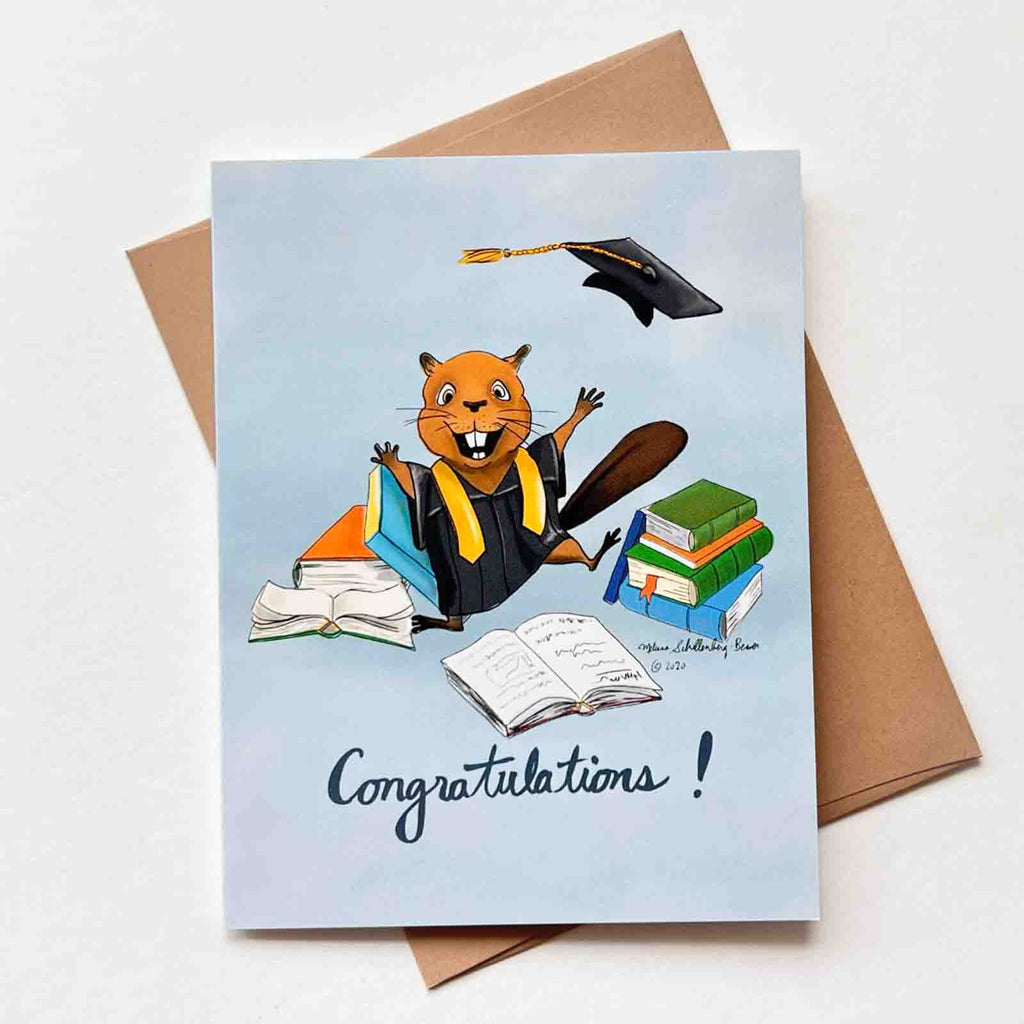 a beaver wearing a grad gown and throwing his grad cap in the air