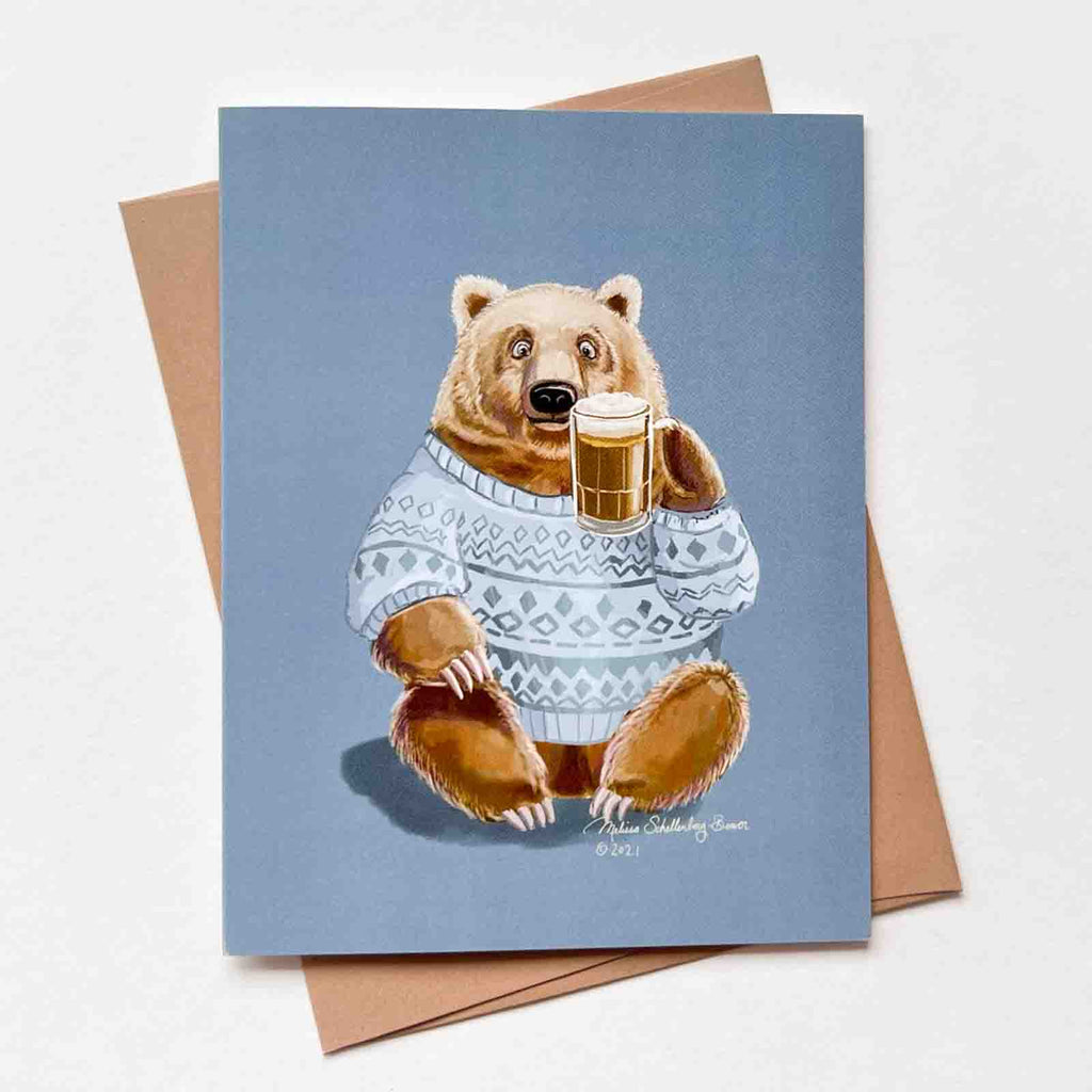 a greeting card featuring a brown bear raising a mug of beer to say cheers