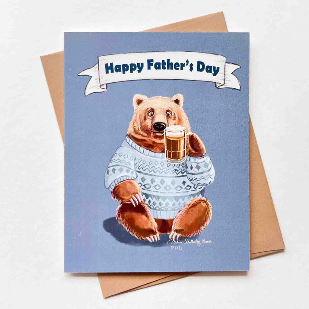 a greeting card a brown bear raising a mug of beer to say cheers