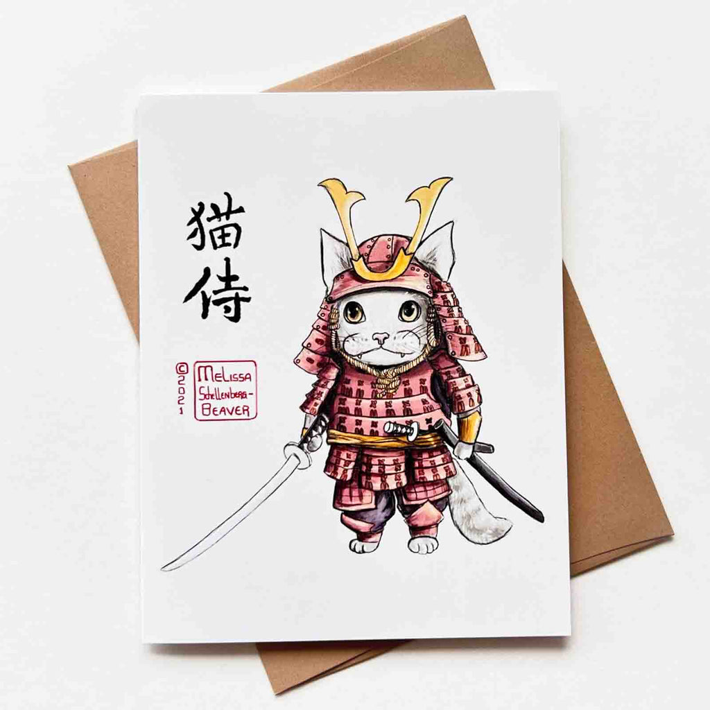 a greeting card featuring a cat dressed in a red Samurai armor