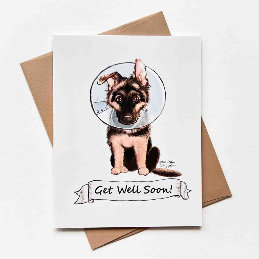 a greeting card A German Shepherd puppy looking sad in a cone of shame