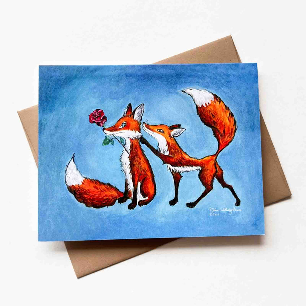 a love themed greeting card featuring a red fox is surpsinging another fox with a rose