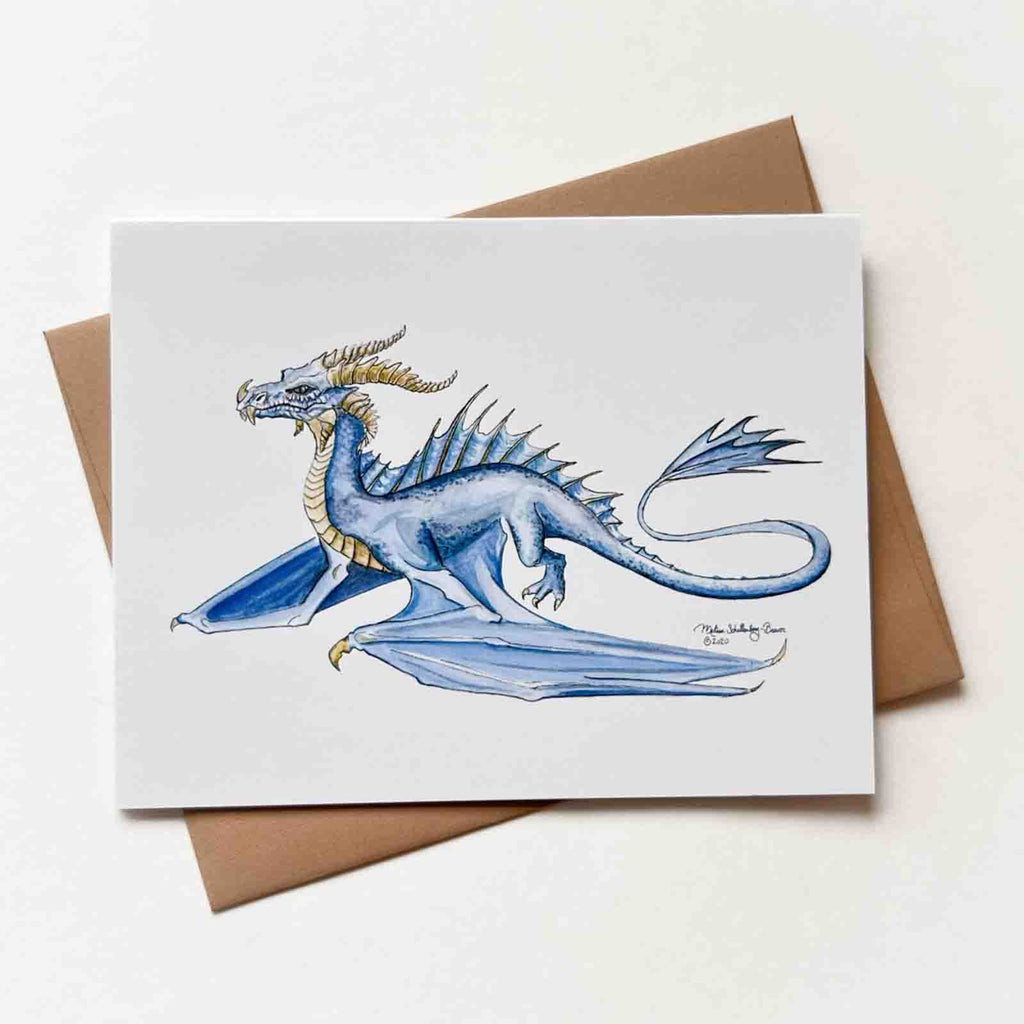 this greeting card features a blue dragon