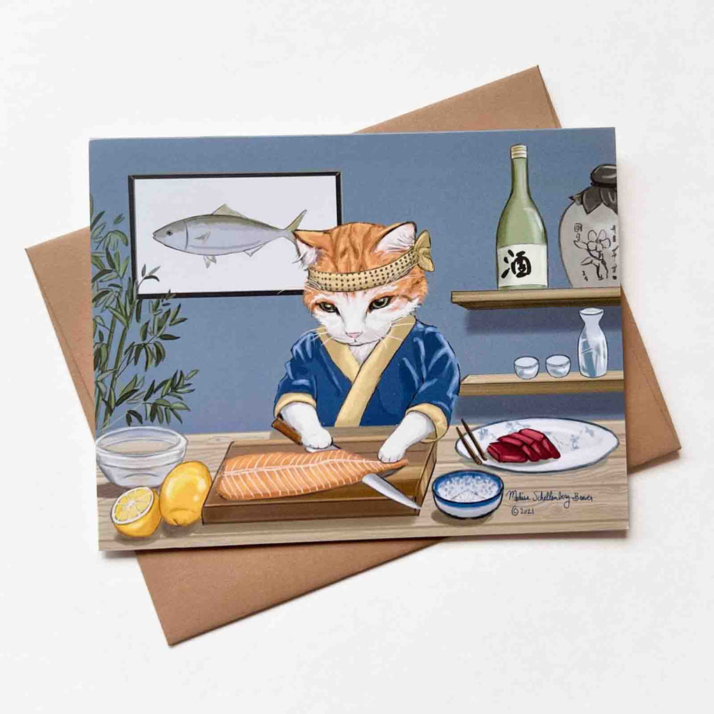 a notecard featuring a cat dressed as a sushi chef meticulously slicing sashimi