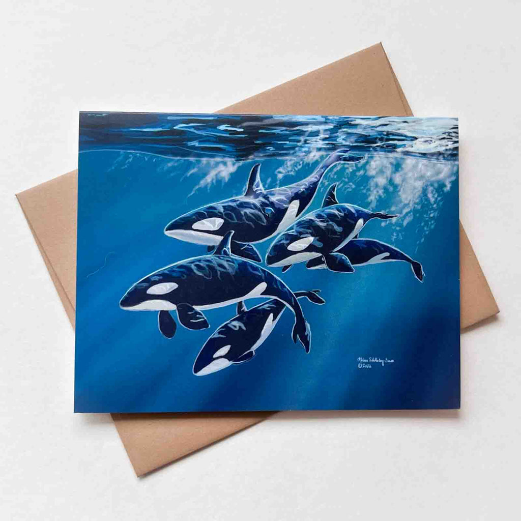 This greeting card features 5 Orcas aka Killer Whales diving into the deep blue sea