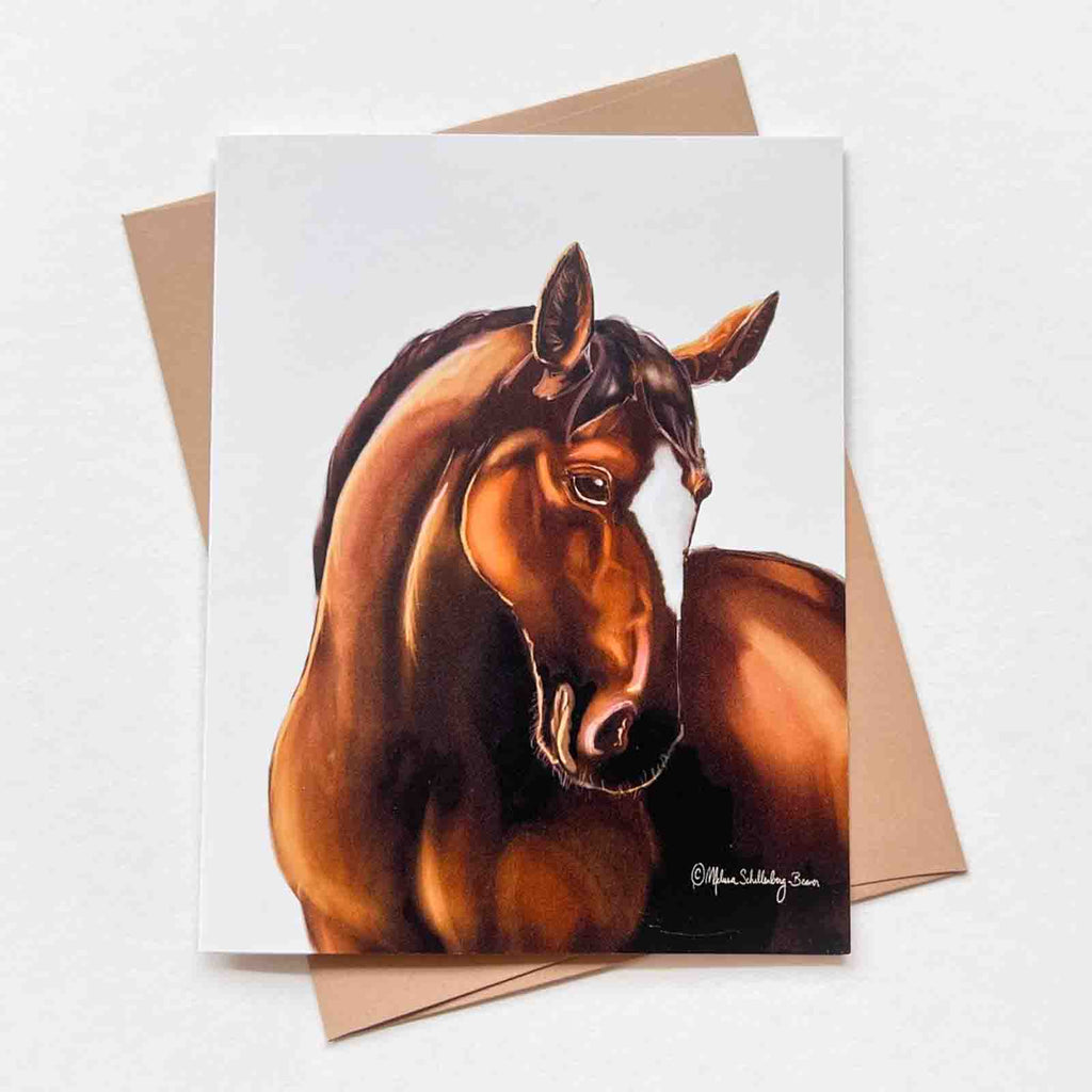 This greeting card features a chestnut brown horse