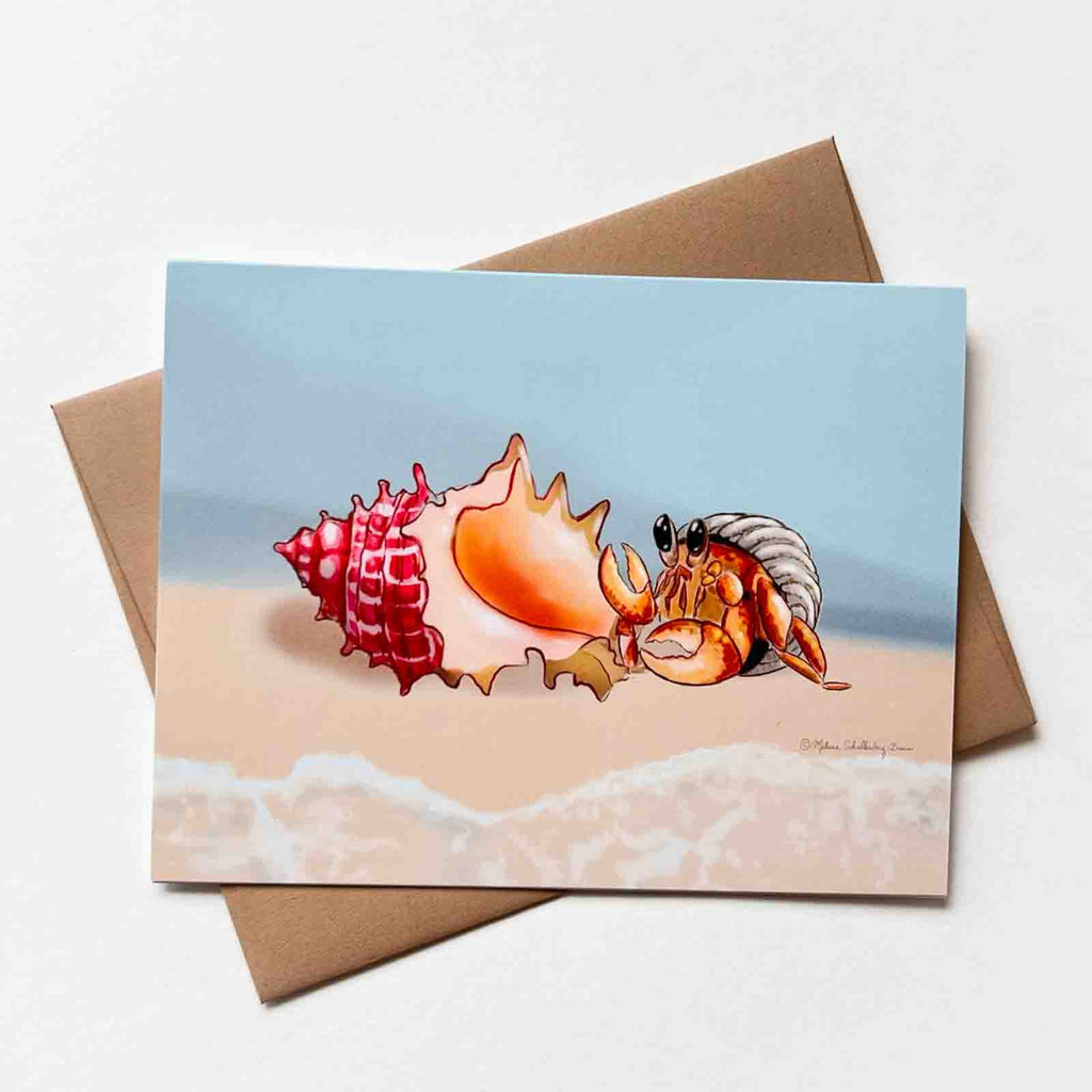 This greeting card features a hermit crab who just found a fancy new shell. It makes a great house warming card. 