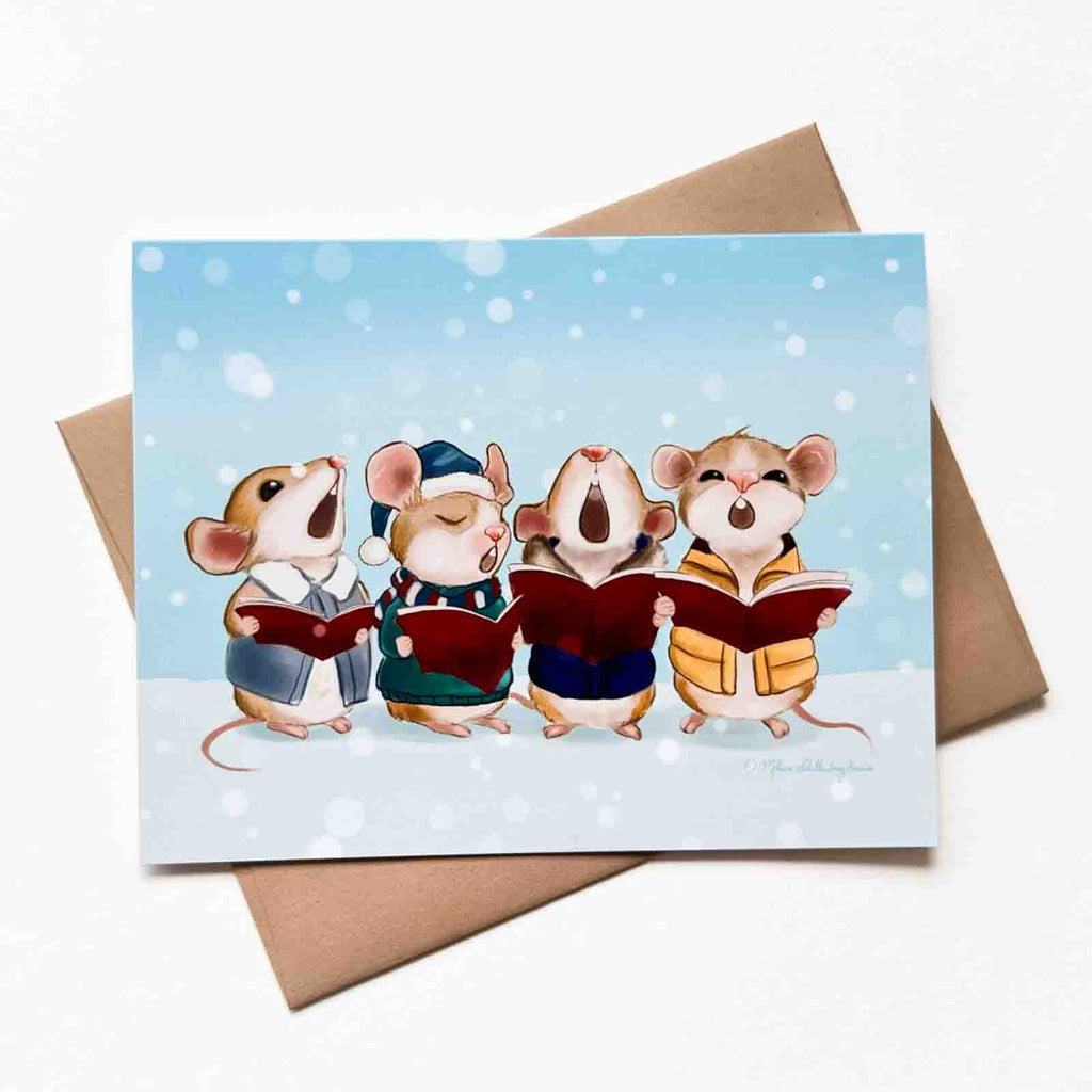 A holiday card featuring a group of 4 mice singing Christmas carols in the snow while wearing warm winter clothes.