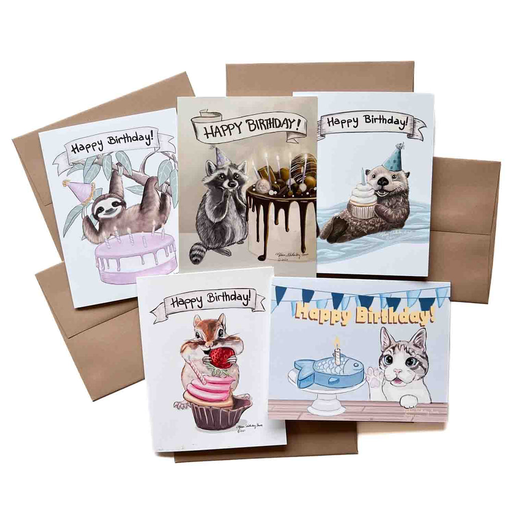 A pack of 5 cute animal themed birthday cards featuring a raccoon, cat, sloth, chipmunk and sea otter. 