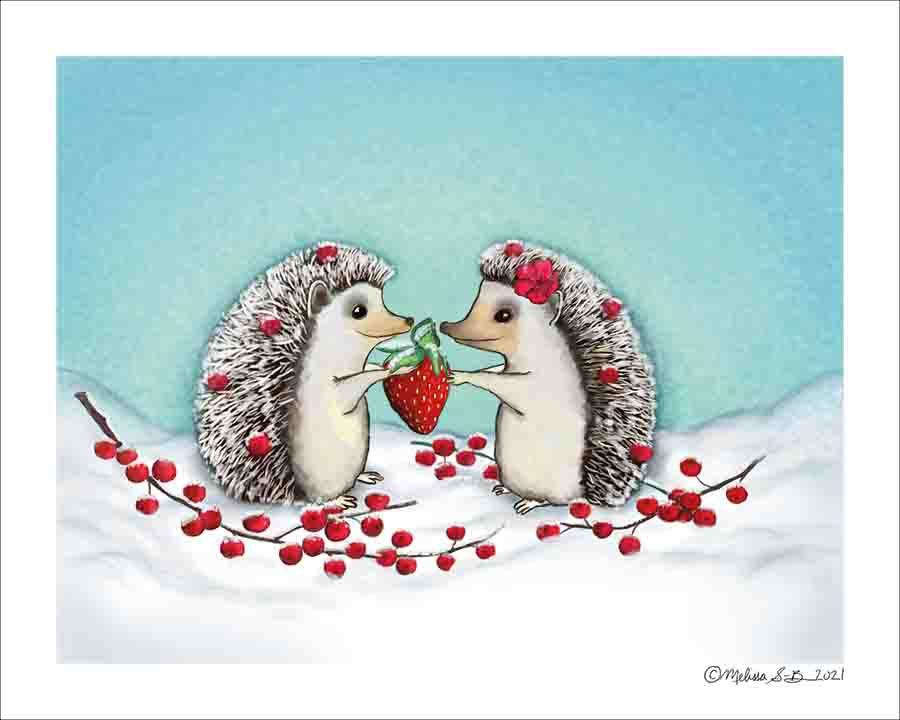 A fine art print featuring two hedgehogs sharing a strawberry