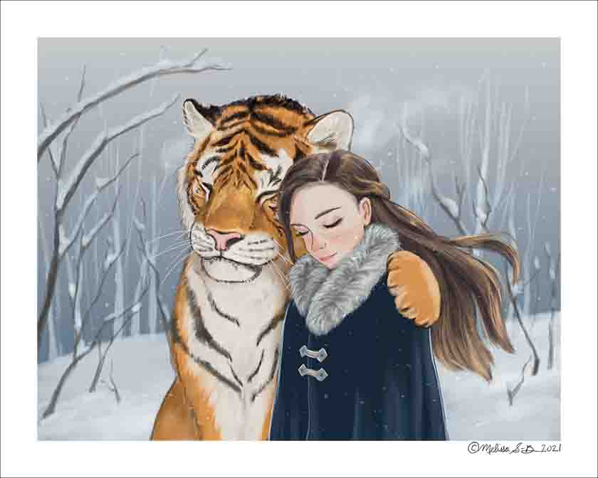 A fine art print featuring a girl embracing her tiger best fried in a snowy background