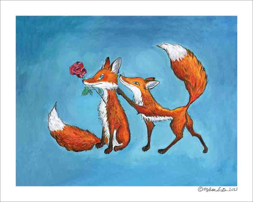 A fine art print featuring a red fox is surpsinging another fox with a rose