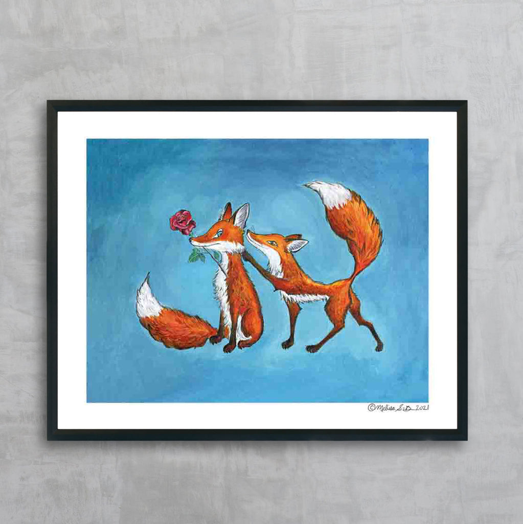 A fine art print featuring a red fox is surpsinging another fox with a rose