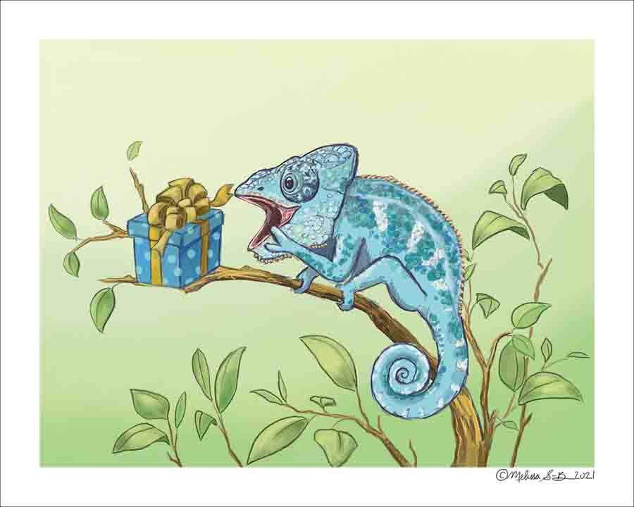 A fine art print a chameleon delighted by his surprise birthday present