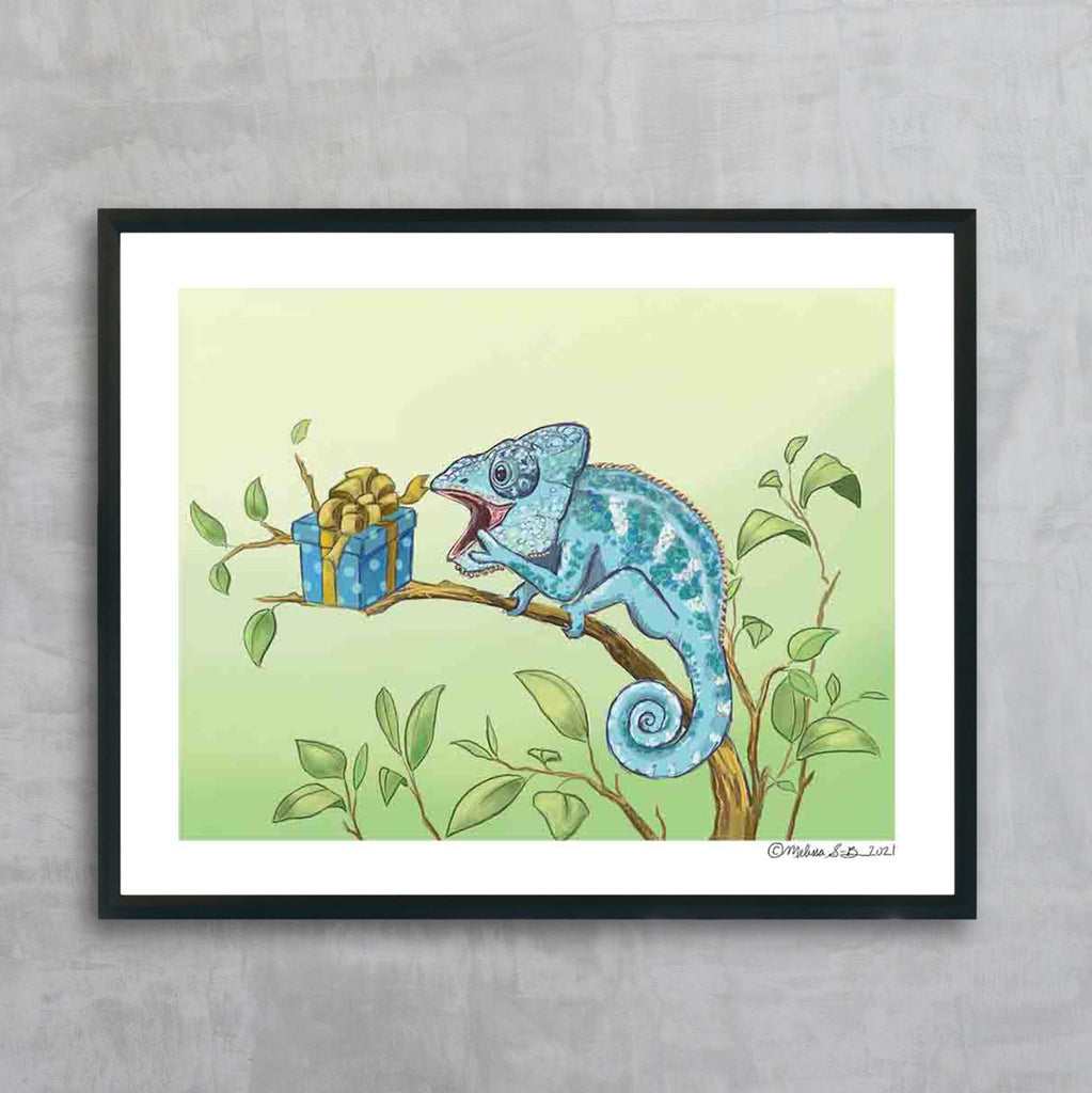 A fine art print a chameleon delighted by his surprise birthday present