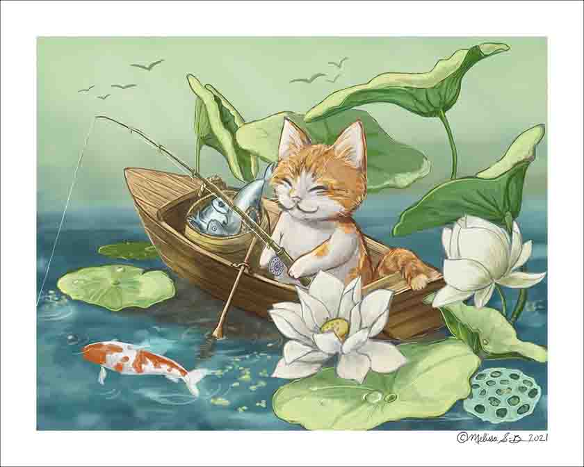 A fine art print featuring a happy cat sitting in a boat fishing in a lotus pond