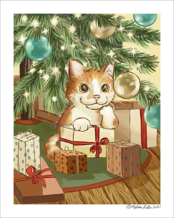 A fine art print featuring an orange cat sitting under a Christmas tree surrounded by presents