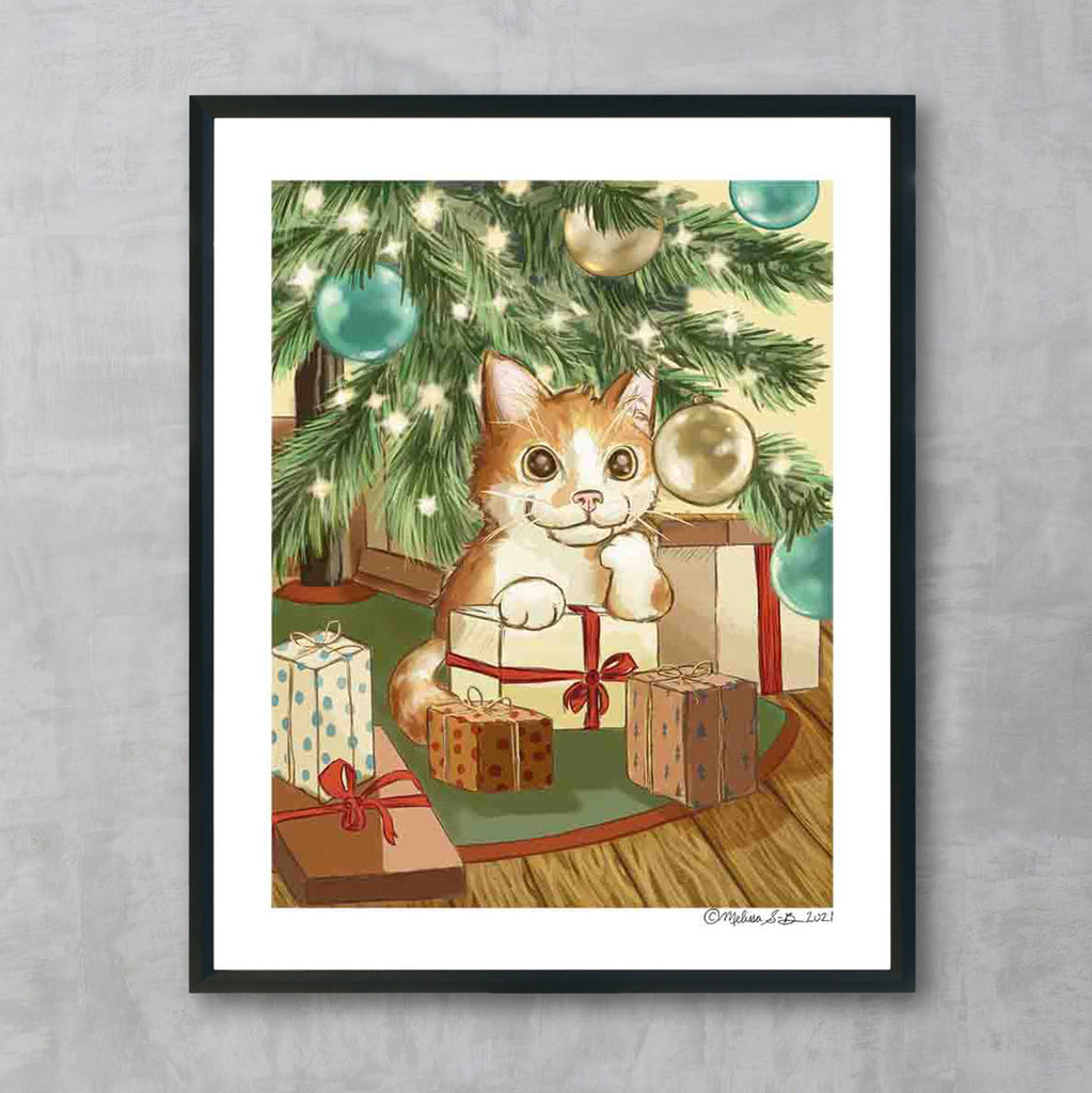 A fine art print featuring an orange cat sitting under a Christmas tree surrounded by presents