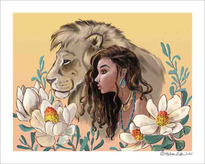 A fine art print featuring a girl and her lion best friend surrounded by flowers