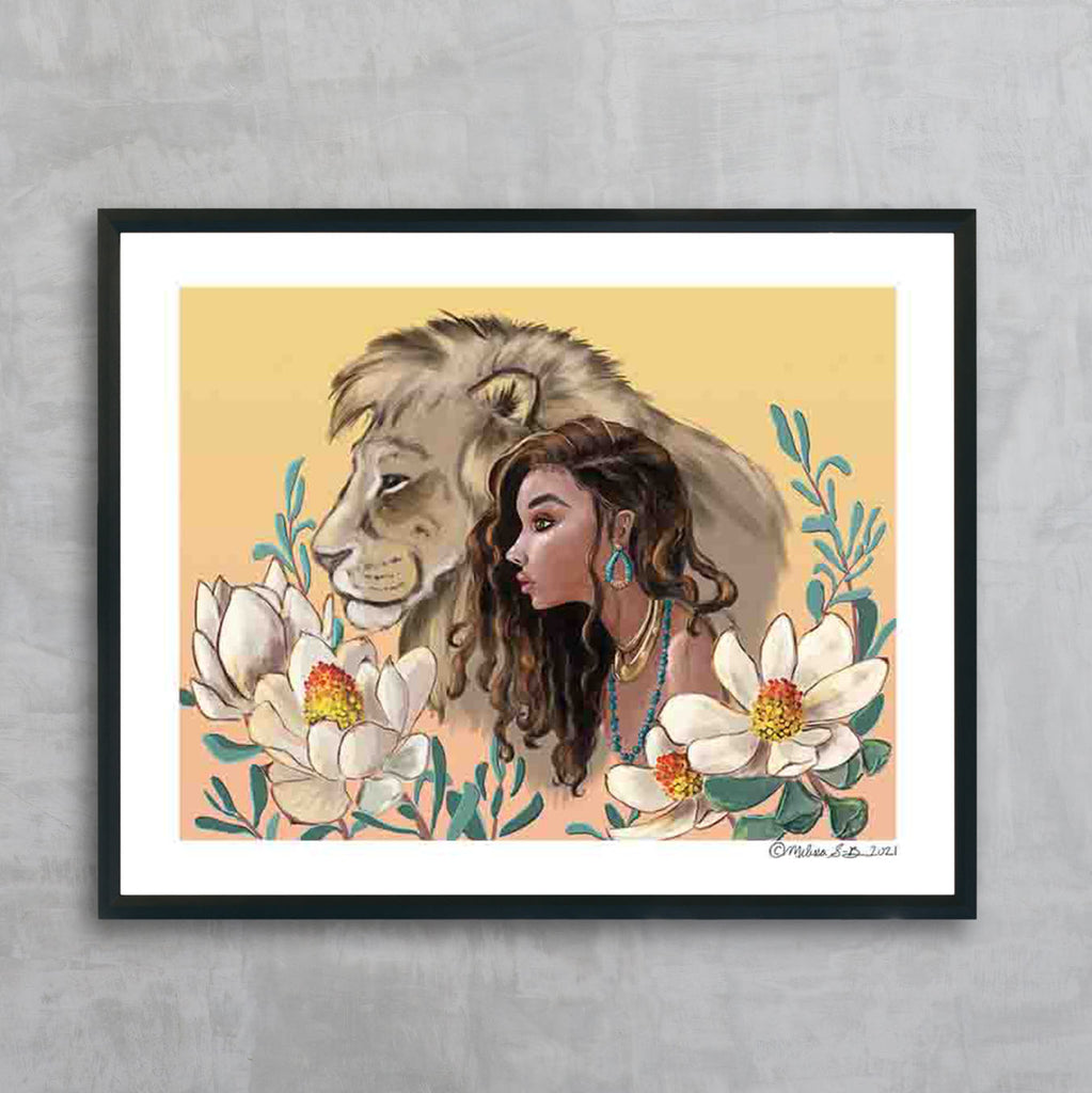 A fine art print featuring a girl and her lion best friend surrounded by flowers