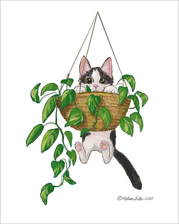 A fine art print featuring a grey and white cat is dangling from a hanging planter