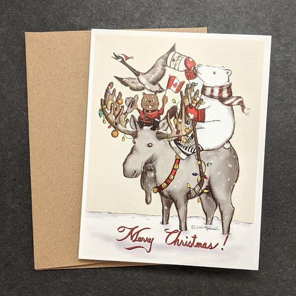 This card features a polar bear holding a hockey stick while chugging maple syrup, a beaver wearing RCMP uniform, a Canada goose and a moose. Possibly the most Canadian Christmas card ever.