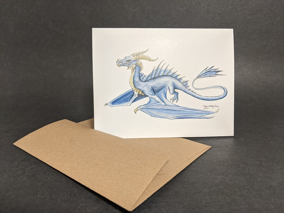 this greeting card features a blue dragon