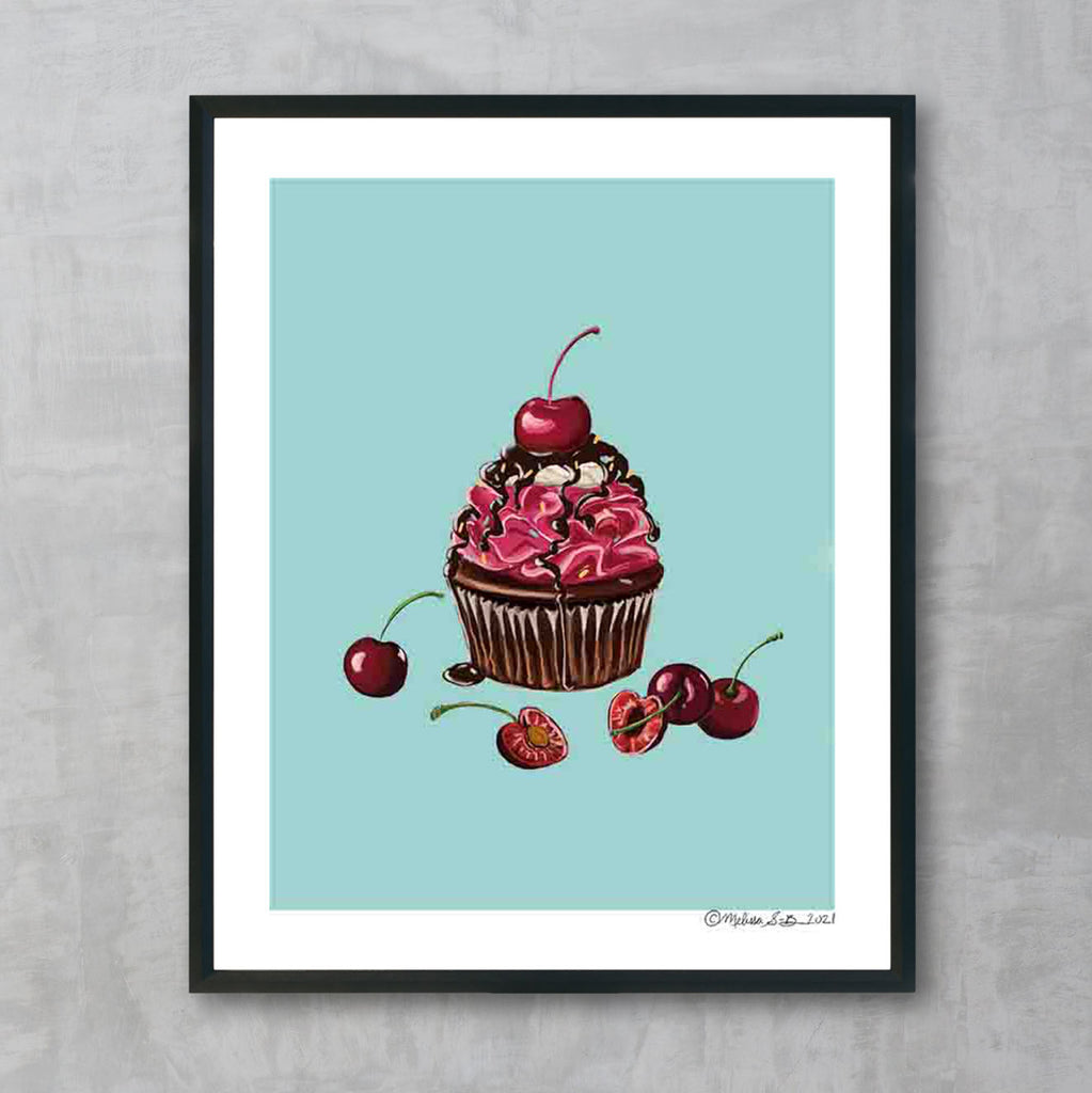 A fine art print featuring a delicious chocolate cherry cupcake