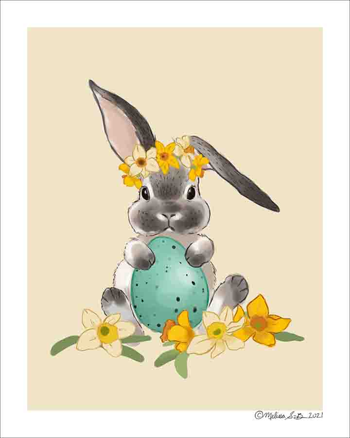 An Easter fine art print featuring a gray and white bunny rabbit holding an easter egg surrounded by daffodils flowers