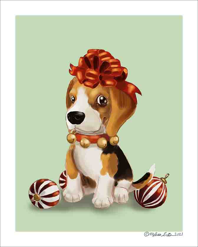 A fine art print featuring a Beagle Puppy dog with a bow on top of its head, sitting next to Christmas ornaments and ribbons. 