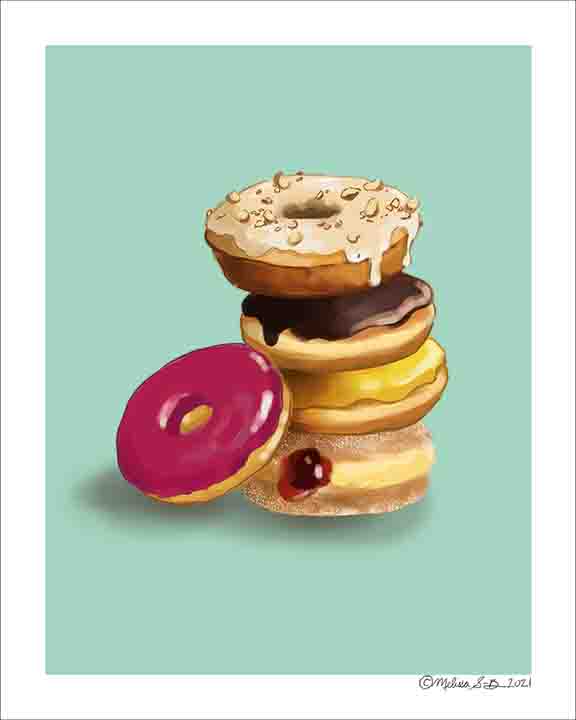 A fine art print featuring a stack of delicious looking donuts 