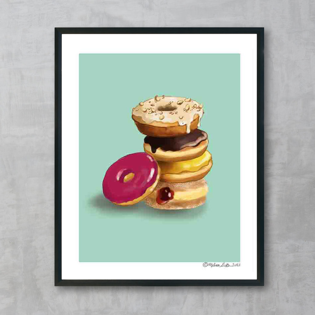 A fine art print featuring a stack of delicious looking donuts 