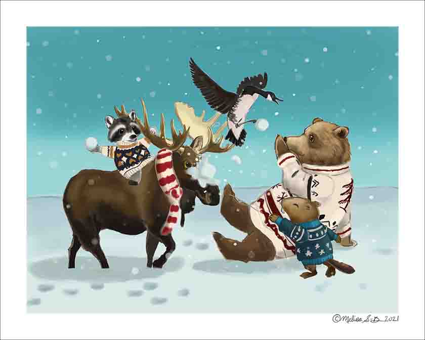 A fine art print featuring a group of Canadian animals having a snowball fight. A raccoon is riding a moose while chucking a snowball at a big brown bear. A Canada goose is dropping snow balls and a beaver is throwing a snowball back. 