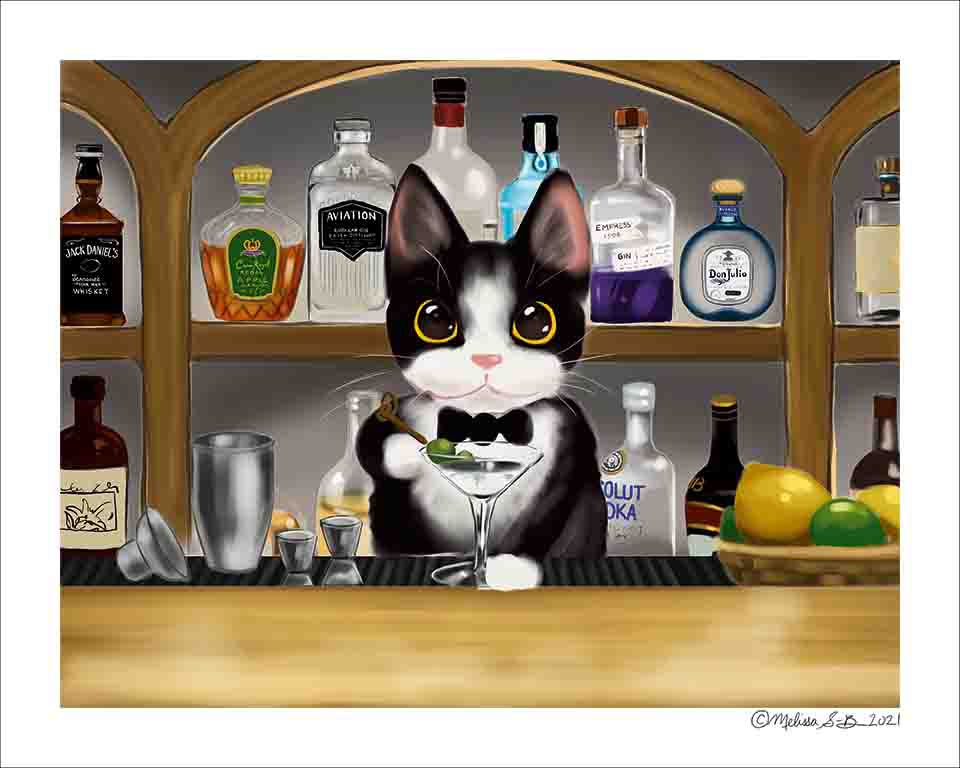 A fine art print featuring a black and white 'Tuxedo' Cat mixing up a fancy cocktail at the bar. Behind him are shelves full of assorted alcohol. 