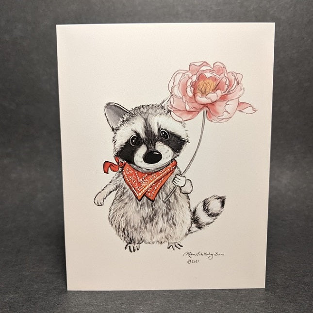 A cute little raccoon holding a peony flower