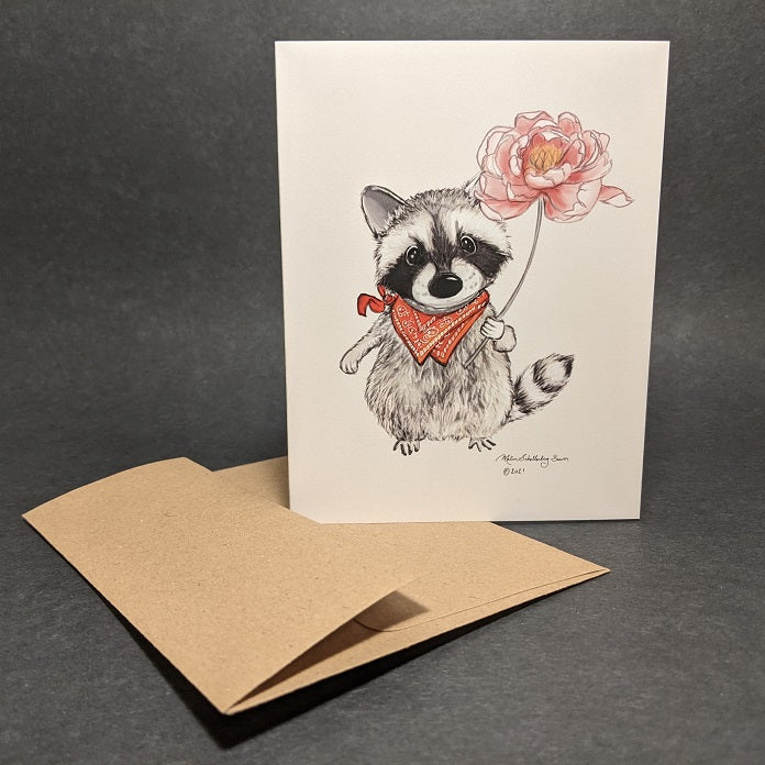 A cute little raccoon holding a peony flower