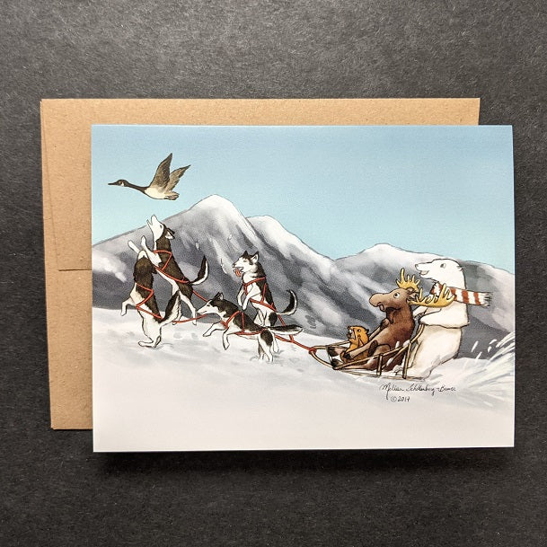 a polar bear, beaver,  and moose riding a sled pulled by huskies, with geese flying over head. 