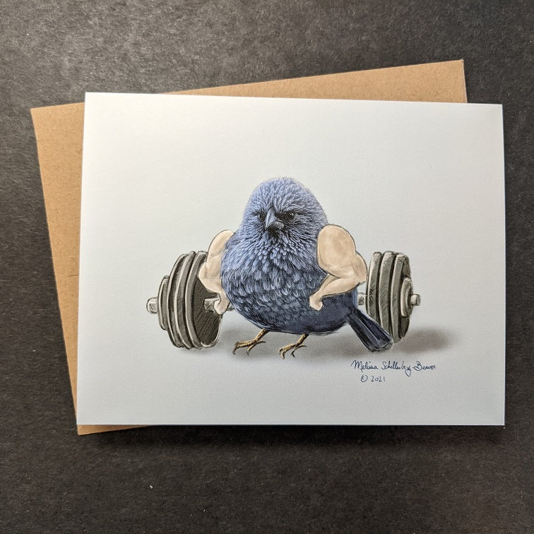 a whimsical notecard featuring a blue bird with buff arms standing in front of a barbell & weights