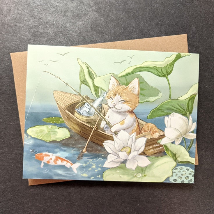 A happy cat sitting in a boat fishing in a lotus pond