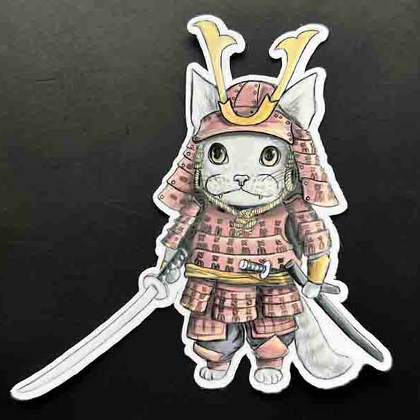 vinyl sticker featuring a stylized cat wearing Japanease Samurai warrior armour, holding a katana.
