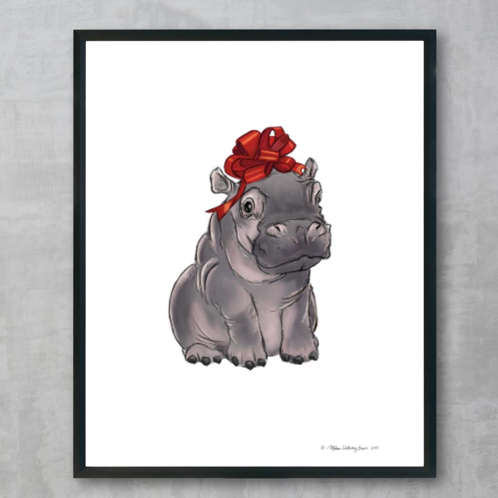 A fine art print featuring a baby hippopotamus with a red bow on its head