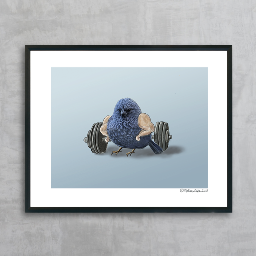 A fine art print featuring a blue bird with buff arms standing in front of a barbell & weights