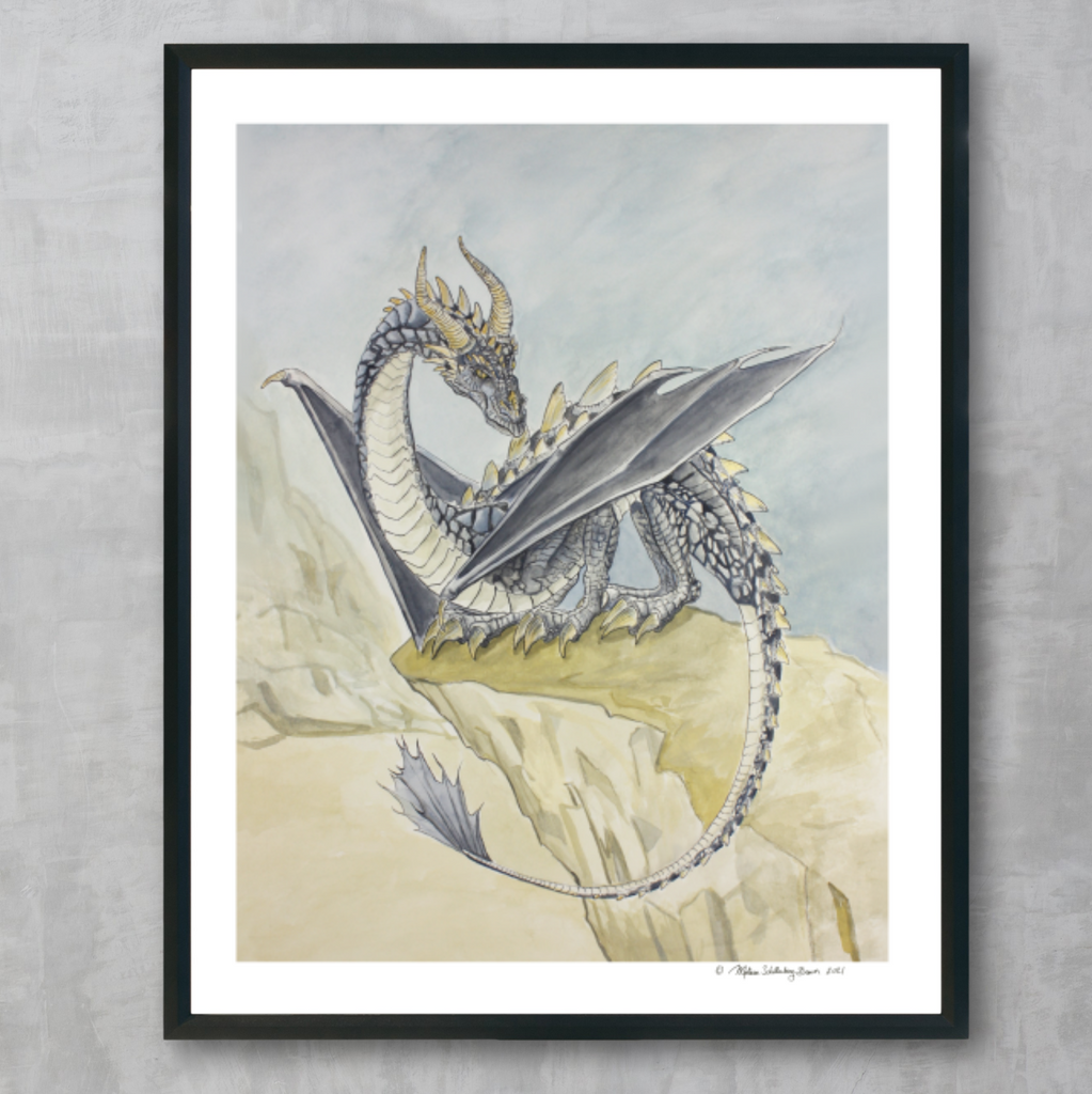 A fine art print featuring a black and gold dragon perched on a cliff