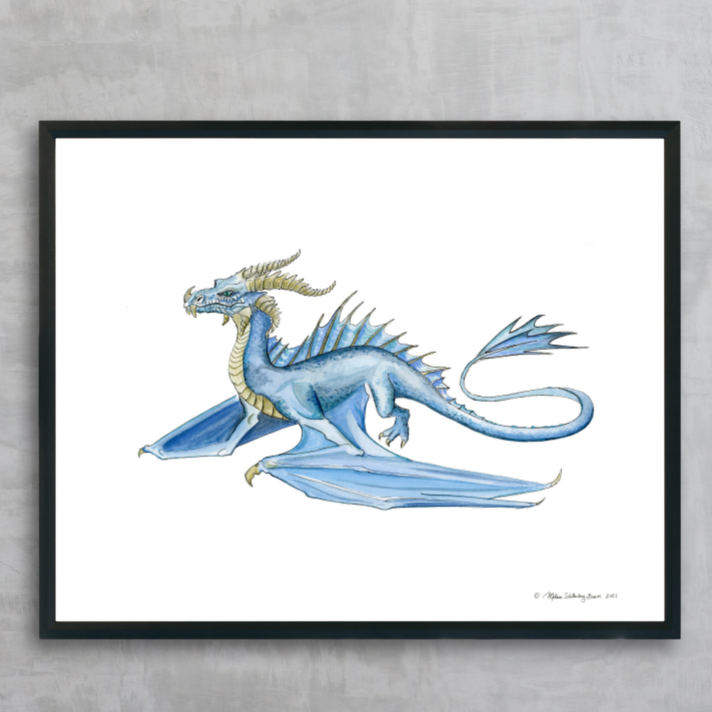 A fine art print featuring a blue dragon