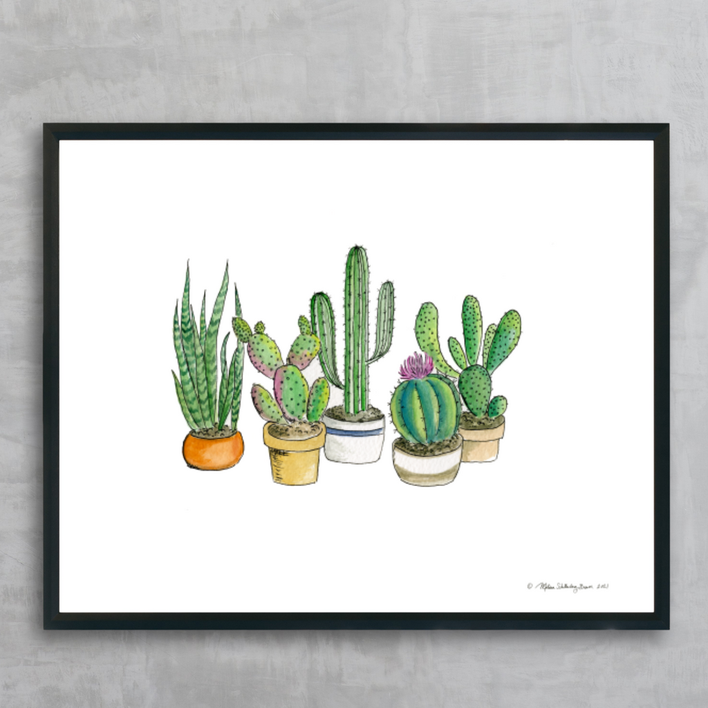 A fine art print featuring 3 potted cacti