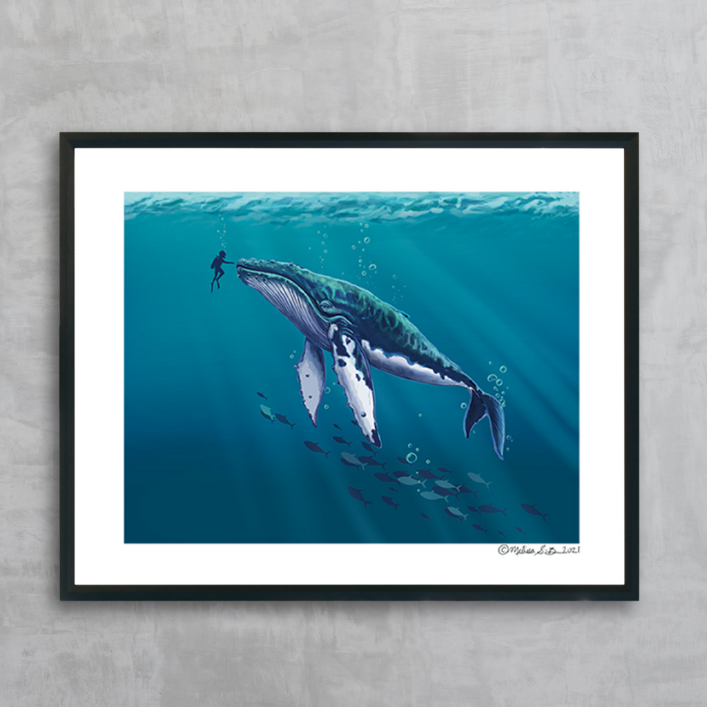 A fine art print featuring a diver reaching out to touch an enormous humpback whale in the deep blue sea