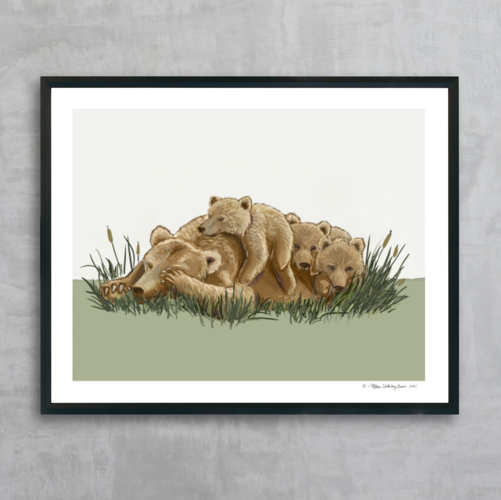 A fine art print featuring a tired mother bear with three cubs on her back