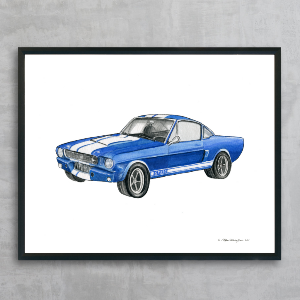 A fine art print featuring a blue and white Ford Mustang Shelby GT-350