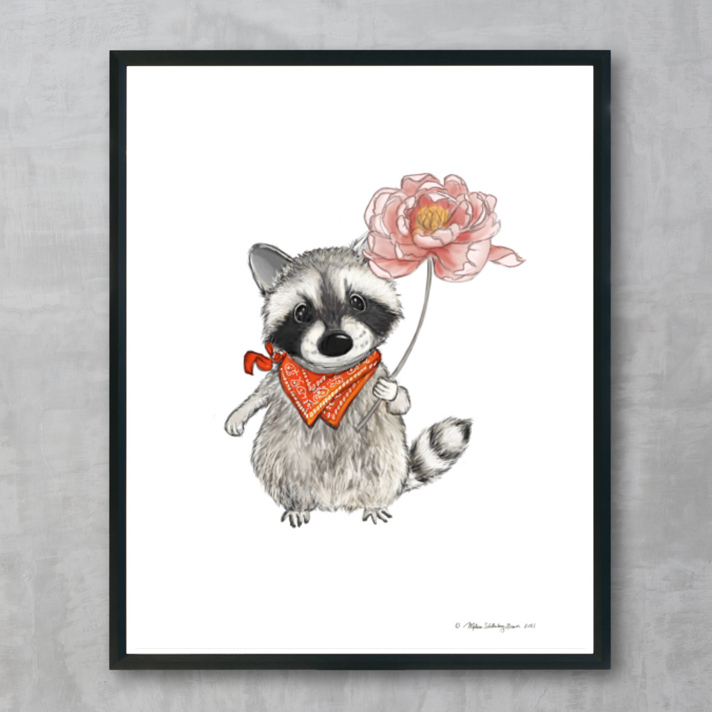 A fine art print featuring a cute little raccoon holding a pink peony flower