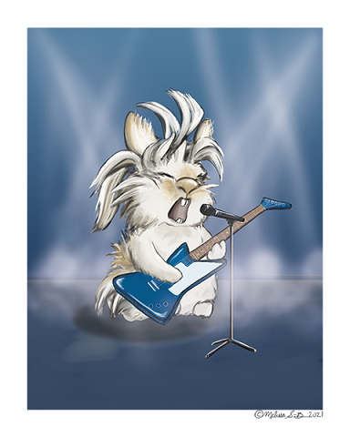 A fine art print featuring a fluffy bunny playing a rock guitar and singing on stage